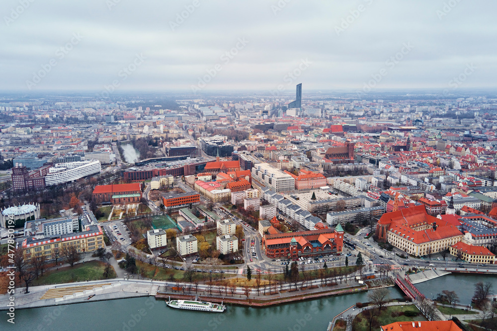 Aerial view of Wroclaw cityscape panorama in Poland. Cathedral of St. John on Tumski island, bird eye view