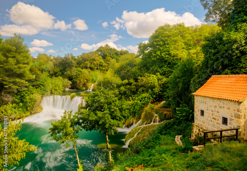 Waterfalls Krka, National Park, Dalmatia, Croatia. Traveling concept background. © kisarpad