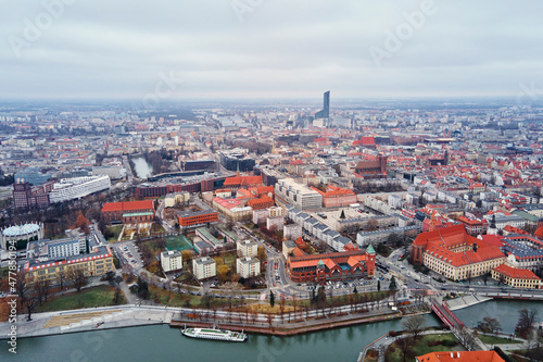 Aerial view of Wroclaw cityscape panorama in Poland. Cathedral of St. John on Tumski island  bird eye view