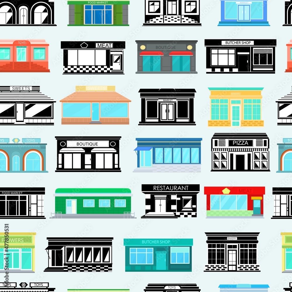 Seamless vector pattern with city buildings on a light background