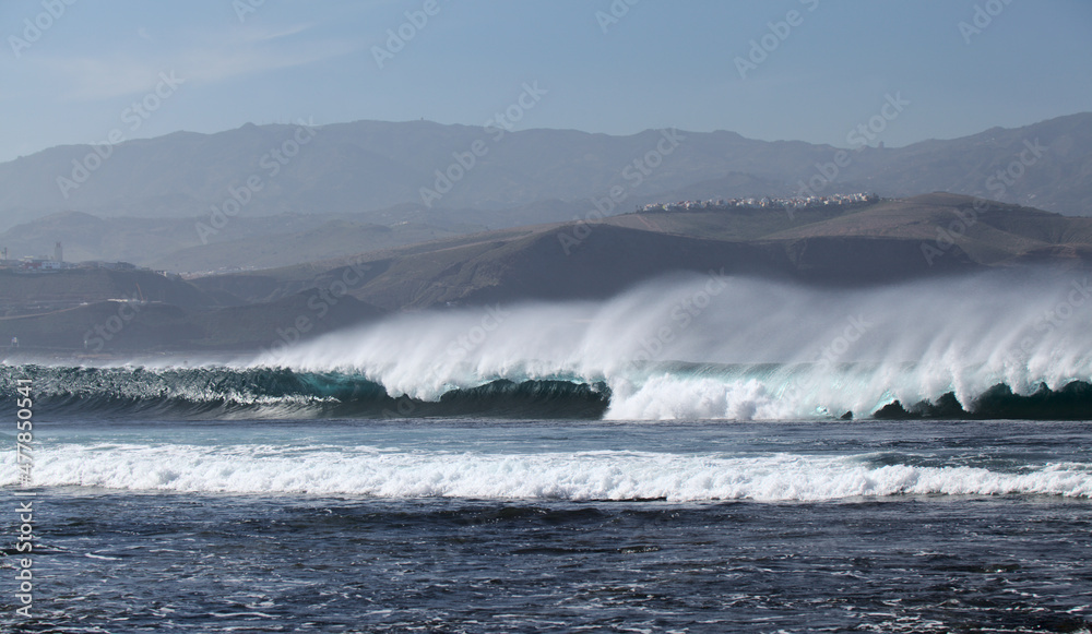 Gran Canaria, view to  El Confital beach on the edge of Las Palmas de Gran Canaria, large waves