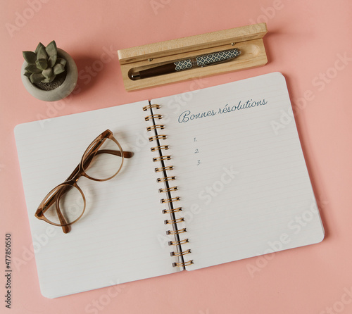 Bonnes résolutions pour la nouvelle année dans un carnet à spirale ouvert avec lunettes, stylo plume et succulent - fond rose et style féminin photo