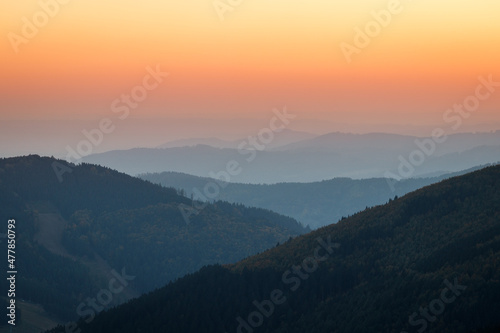 Sunset at mountain range. Jeseniky mountains in Czech Republic. Beautiful nature landscape