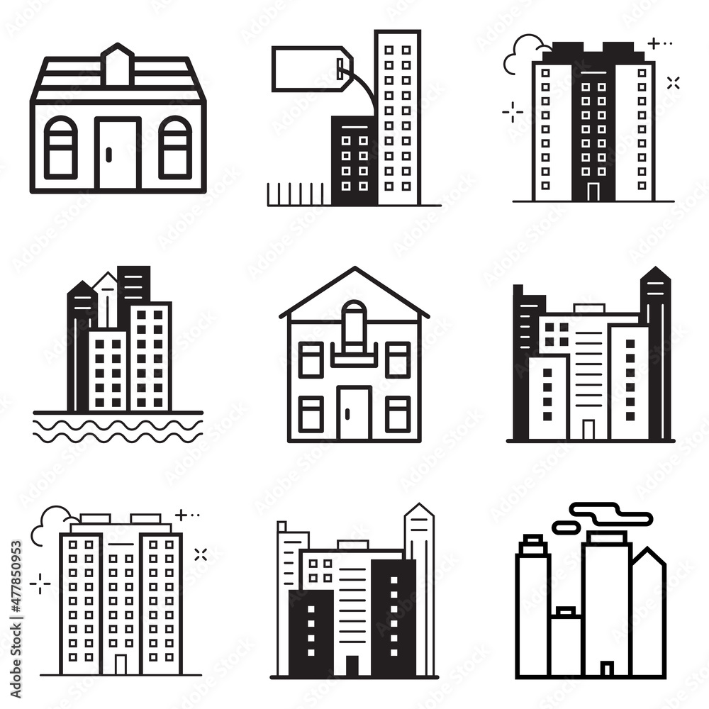 Obraz premium City Buildings Flat Icon Set Isolated