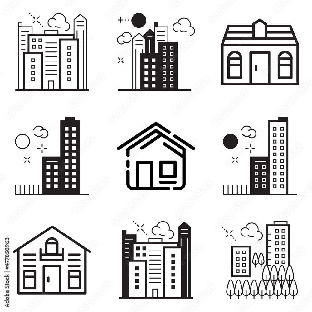 City Buildings Flat Icon Set Isolated