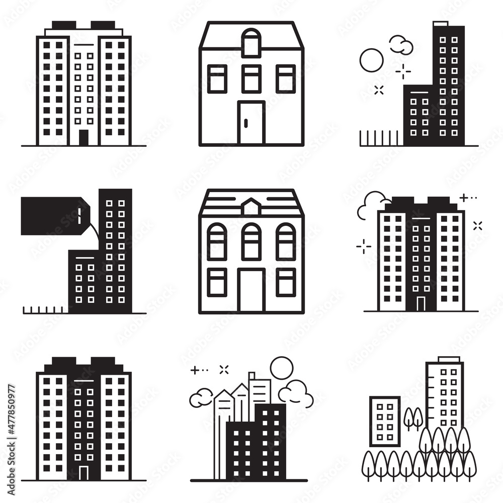 Obraz premium City Buildings Flat Icon Set Isolated