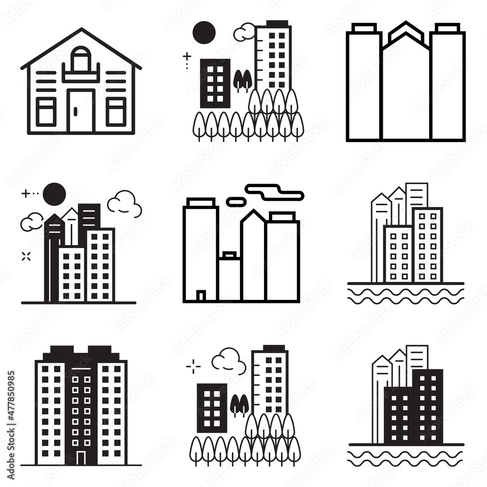 Fototapeta premium City Buildings Flat Icon Set Isolated