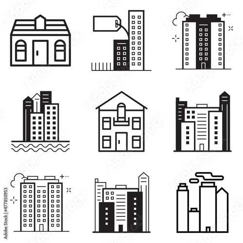 City Buildings Flat Icon Set Isolated