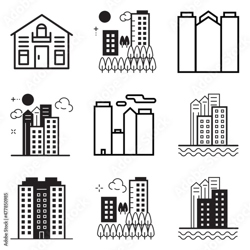 City Buildings Flat Icon Set Isolated