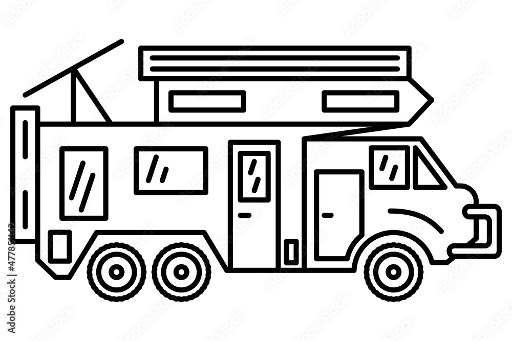 A large car van for leisure, travel. Family vehicle for camping. Vector icon, outline, isolated A large car van for leisure, travel. Family vehicle for camping. Vector icon, outline, isolated