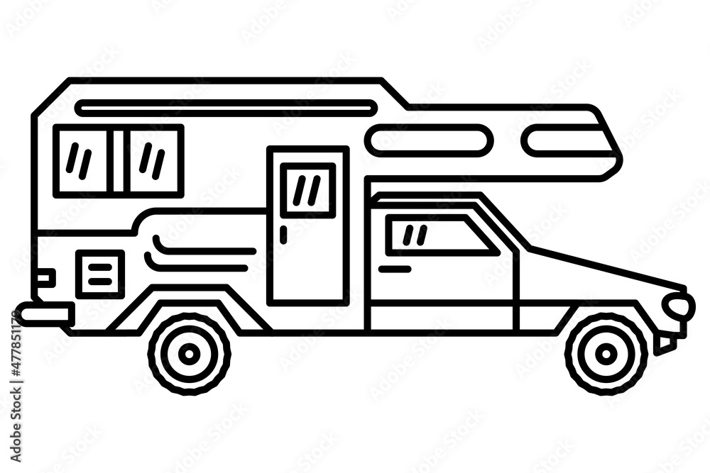 A car for traveling. A recreational vehicle. Motorhome for the family. Travel and camping. Vector icon, outline, isolated