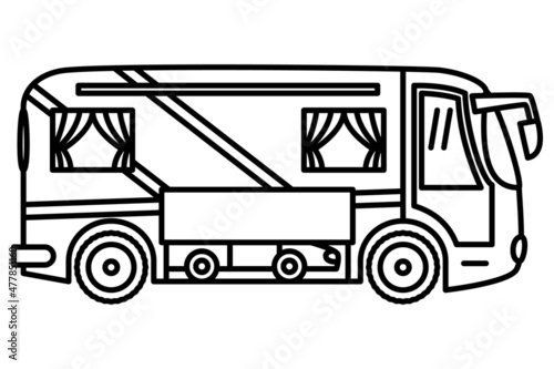 A roomy bus with a passenger car inside. Motorhome, a vehicle for recreation, travel. Vector icon, outline, isolated