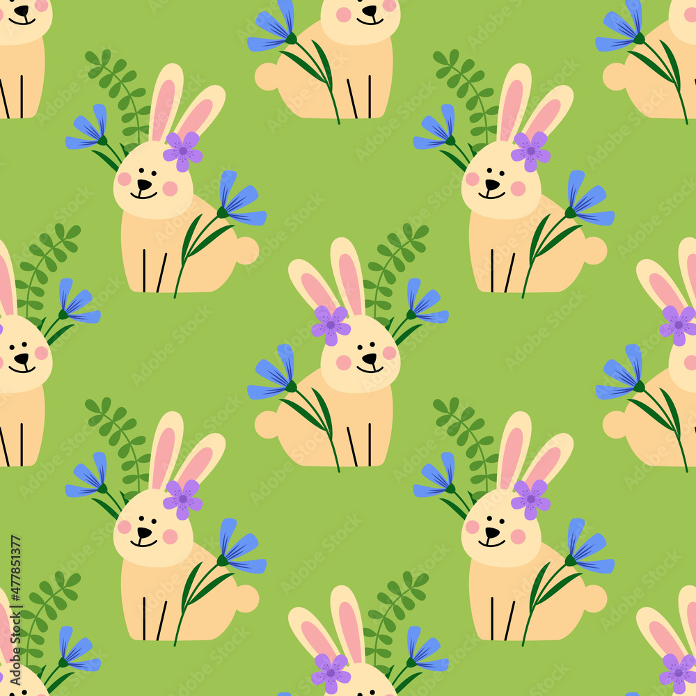 Cute hare on a green background. Seamless pattern. Vector illustration. Cute hare on a green background. Seamless pattern. Vector illustration.