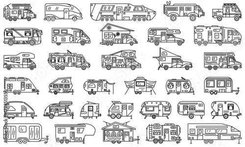 Motorhome, residential trailer, motorhome, camping car, recreational vehicles. Set of vector icons, outline, isolated