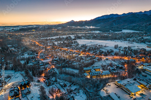 Winter Wonderland in Zakopane, Poland. Drone View at Dusk