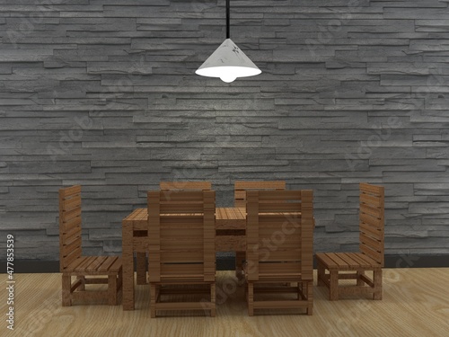 dining table and chair in wooden 3D render image