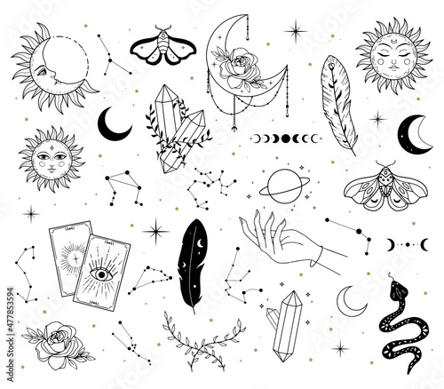 Set of hand drawn line art mystical magic elements
