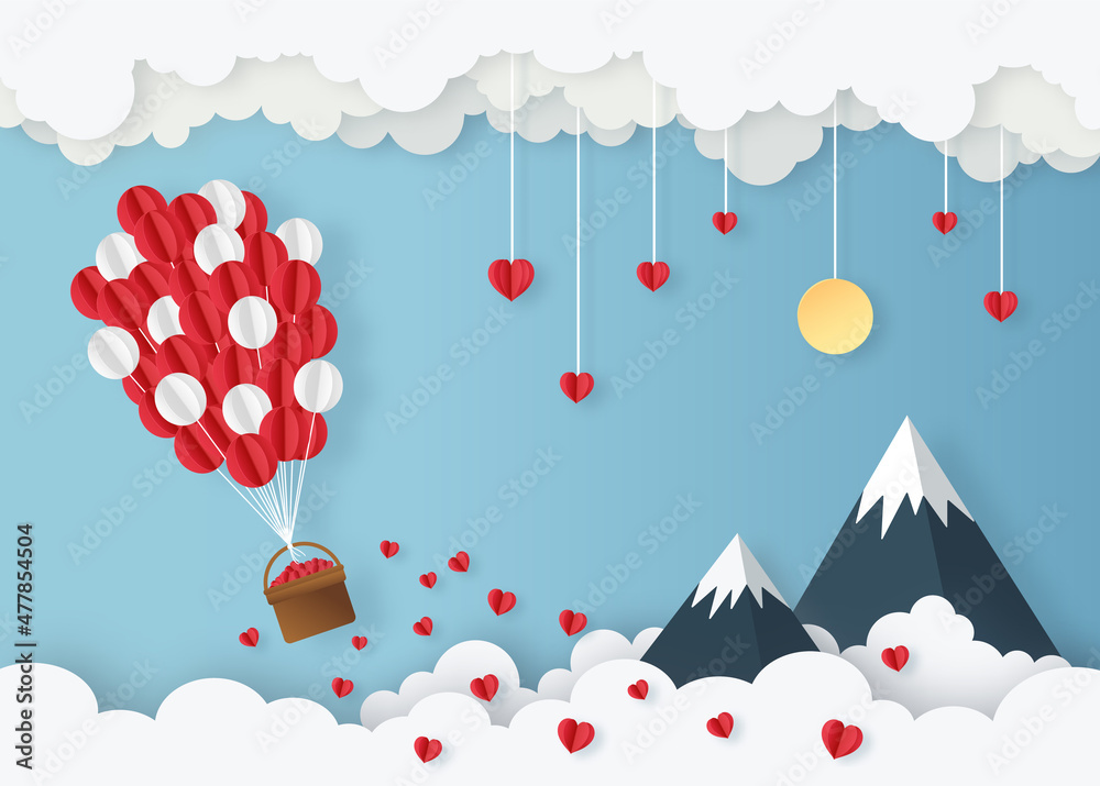 Illustration of love valentine's day banner with balloon and scatter heart in the sky.
