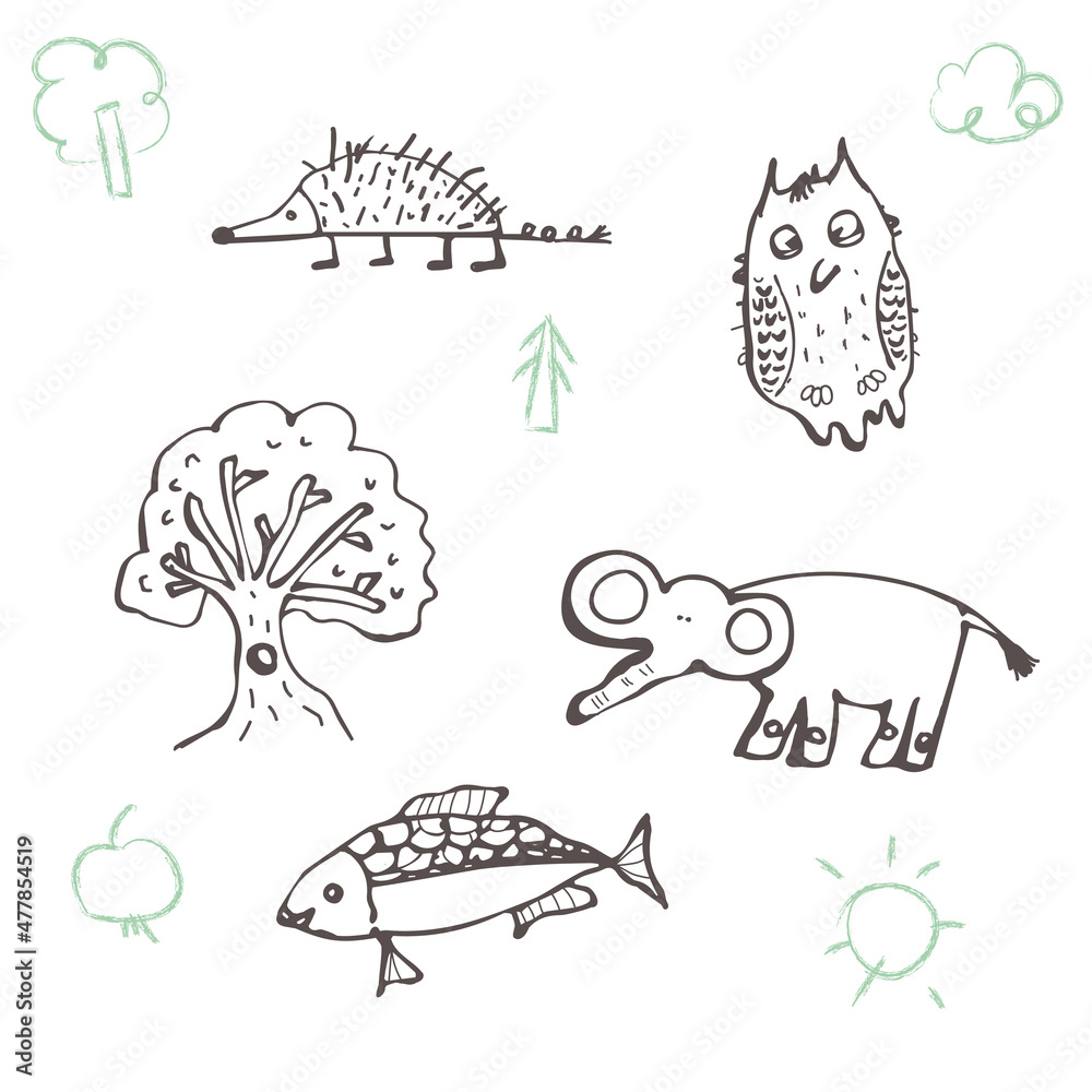 child's drawing animal, tree, fish, elephant, owl, hedgehog. creative childish texture in handmade style.