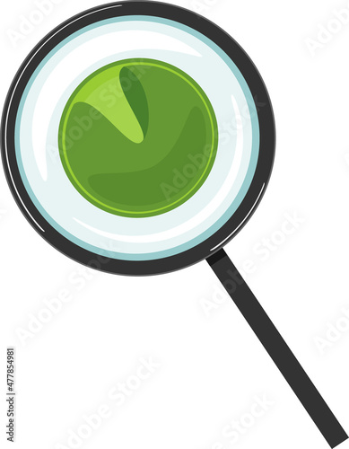 Chlorella (single-celled green algae) under magnifying glass isolated on white background