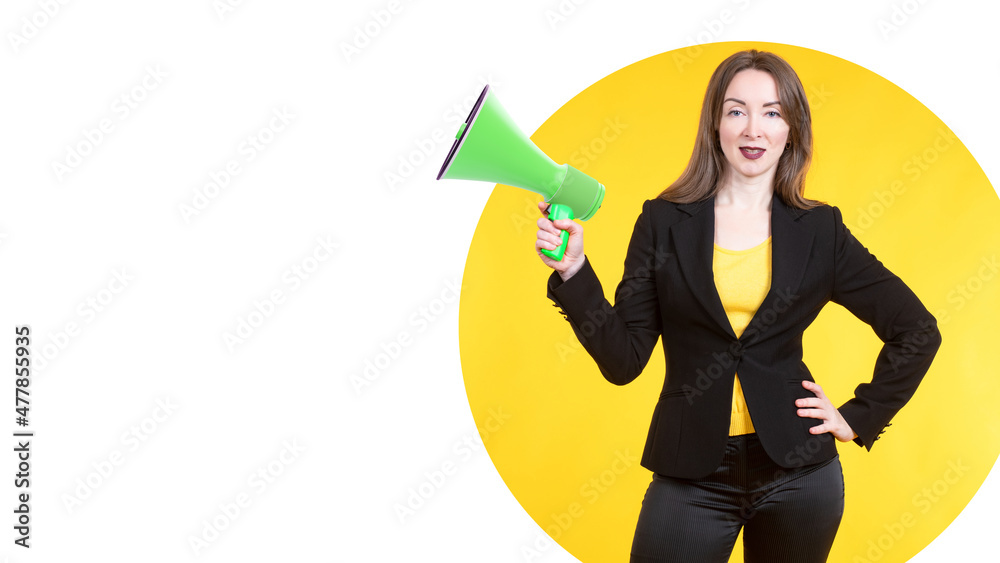 Woman Megaphone. Girl advertiser on yellow. Copy space on White background. Space for your advertisement on white. Blank woman with megaphone for your design. Businesswoman looking at camera Woman Megaphone. Girl advertiser on yellow. Copy space on White background. Space for your advertisement on white. Blank woman with megaphone for your design. Businesswoman looking at camera