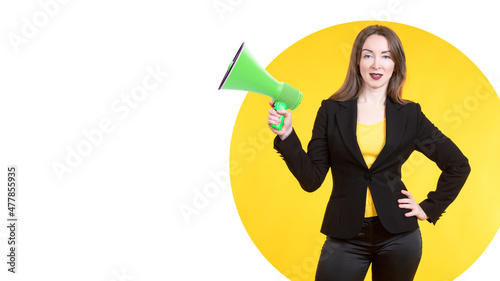 Woman Megaphone. Girl adver...