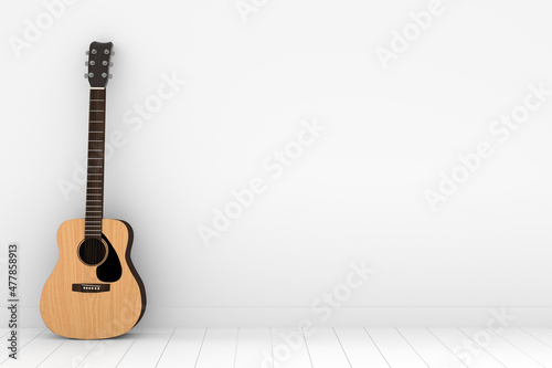 wood acoustic guitar in empty white room in 3D rendering