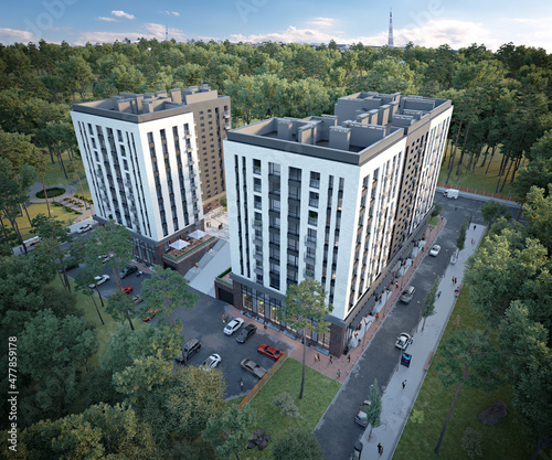 3d rendering of a modern multistory city building with landscape and parking lots