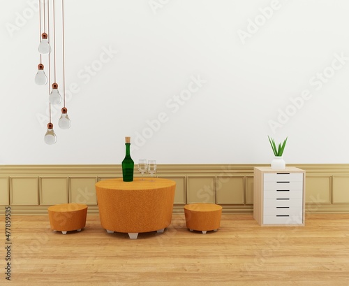 dinner with wine in the modern wood room interior in 3D illustration