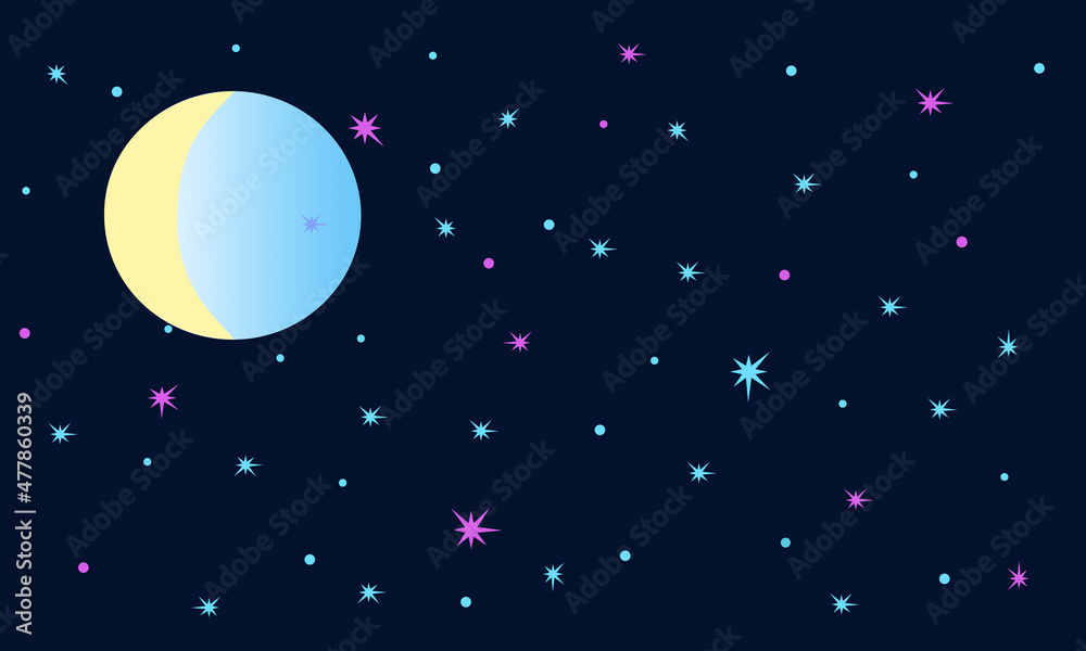 Blue background with bright stars, moon and planets. Abstract banner, template. Vector illustration
