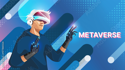 Metaverse digital cyber world technology, Man holding virtual reality glasses with haptic gloves on abstract background, vector illustration.
