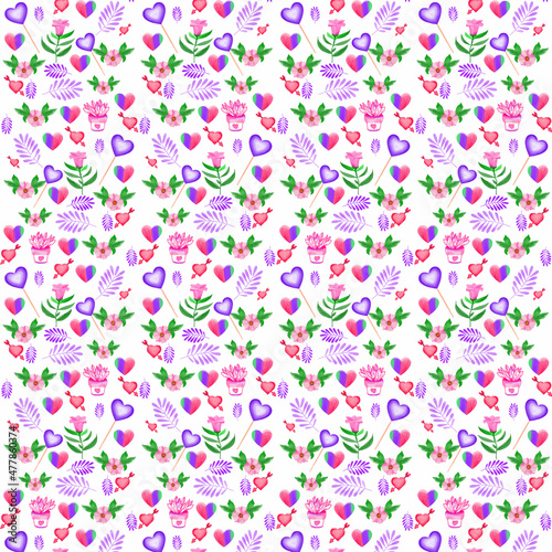 Valentine's day Watercolor cute floral pattern with pink roses and hearts on white background. Beautiful botanical print