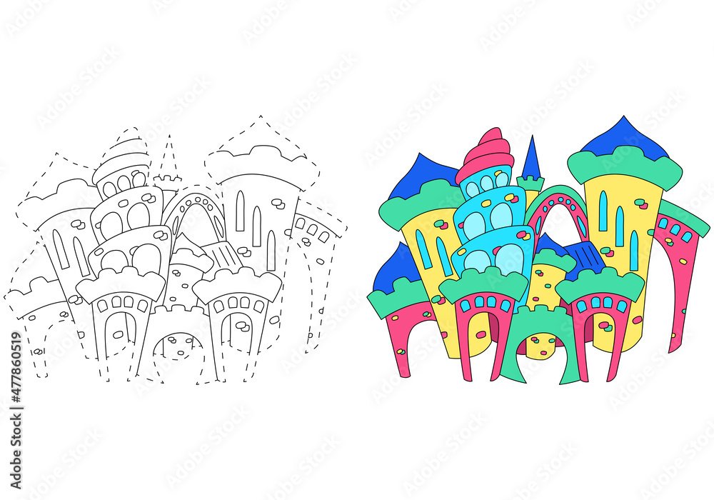 A fabulous underwater castle. Coloring book for children. Practice of handwriting. Education Development Worksheet.