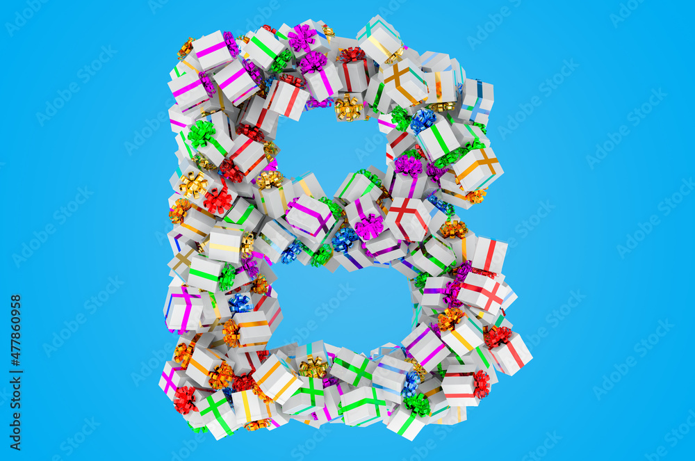 Letter B from gift boxes, 3D rendering
