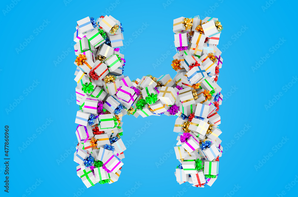 Letter H from gift boxes, 3D rendering