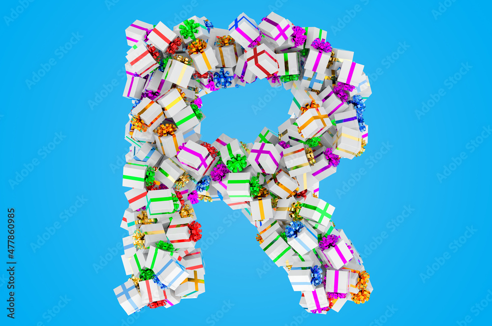 Letter R from gift boxes, 3D rendering