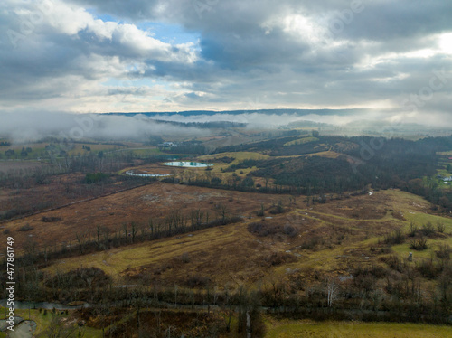 aerial view of rural landscape on a foggy morning