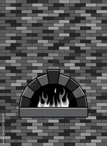 vector brick oven with burning fire