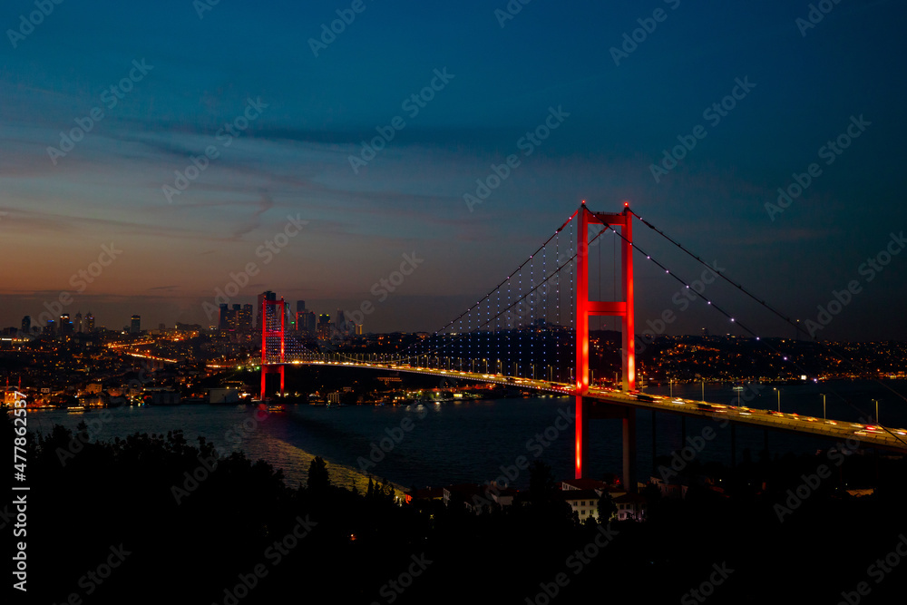 Istanbul background photo. Bosphorus Bridge at dusk in Istanbul.