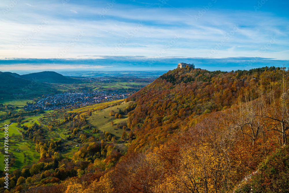 Germany, Hohenneufen castle ruins swabian alb on top of a mountain at neuffen in autumn at sunset