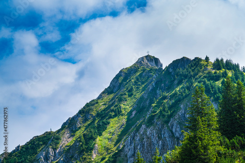 Germany, Tegelberg mountain summit in bavarian allgaeu nature landscape an adventurous hike to the top