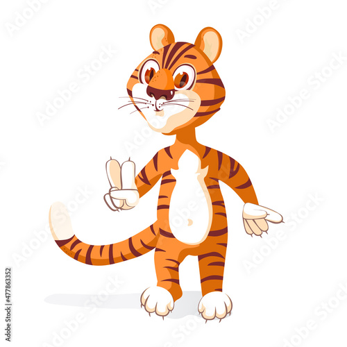 Fototapeta Naklejka Na Ścianę i Meble -  Tiger cub makes a gesture of peace, victory
 Adorable Wild Animal Cartoon Character. Happy Chinese new year greeting card. 2022 Tiger zodiac. Illustration For children, decor, banner, emblem Ado