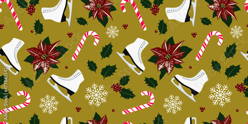 Skating. Christmas festive seamless pattern with holly berries, snowflakes, candy canes and poinsettia flower on a green background. Printing on textiles and paper products. Vector