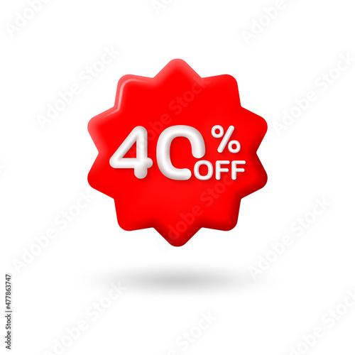 40 percent price off icon or label. 3d sale or discount badge or price tag for promo design. Vector illustration.