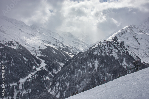 snow mountain panorama with forest in alps