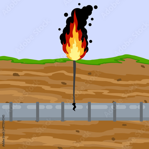 Gas pipeline breakthrough. Pipe in underground. Accident on Oil Pipeline. Fire and conflagration. Environmental problem. Flat Soil in section