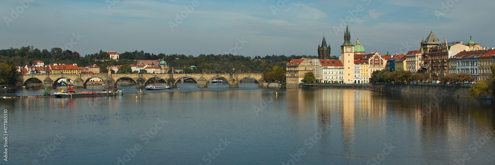 View of architecture near Charles Bridge from a boat on the river Vltava
