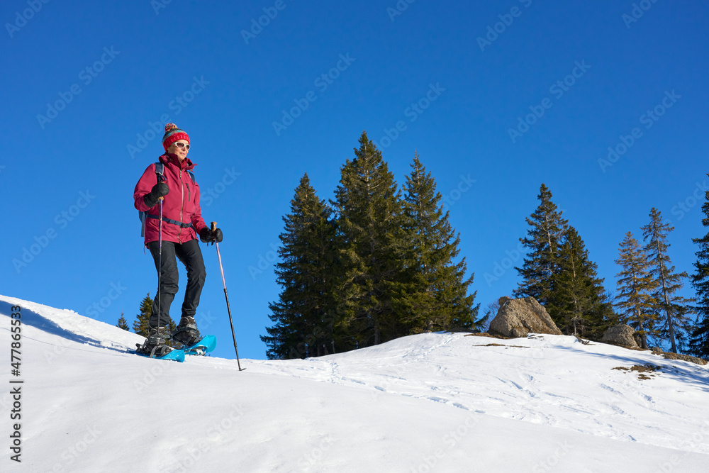 nice and active senior woman snowshoeing in in the Allgau alps above Immenstadt, Bavaria, Germany nice and active senior woman snowshoeing in in the Allgau alps above Immenstadt, Bavaria, Germany