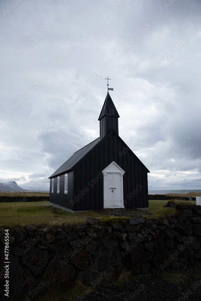 Iceland Black Church of Budir with overcast skies in the fall season