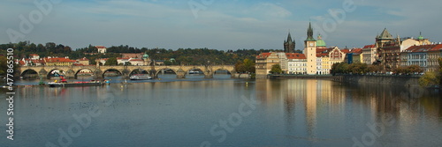View of architecture near Charles Bridge from a boat on the river Vltava 